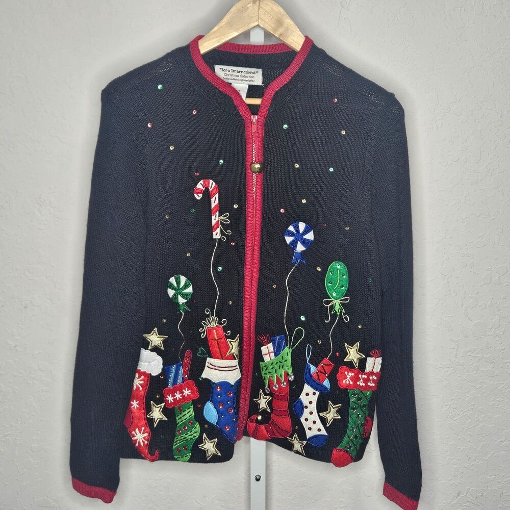 Vintage Tiara International Ugly‎ Christmas Sweater Cardigan Stockings Bell Med